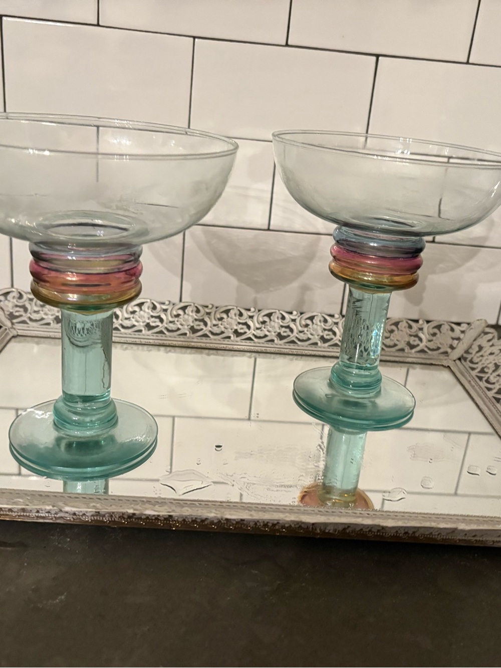Hand-Blown Mexican Margarita Glasses - Multi-Color Striped Stems - Set of 2